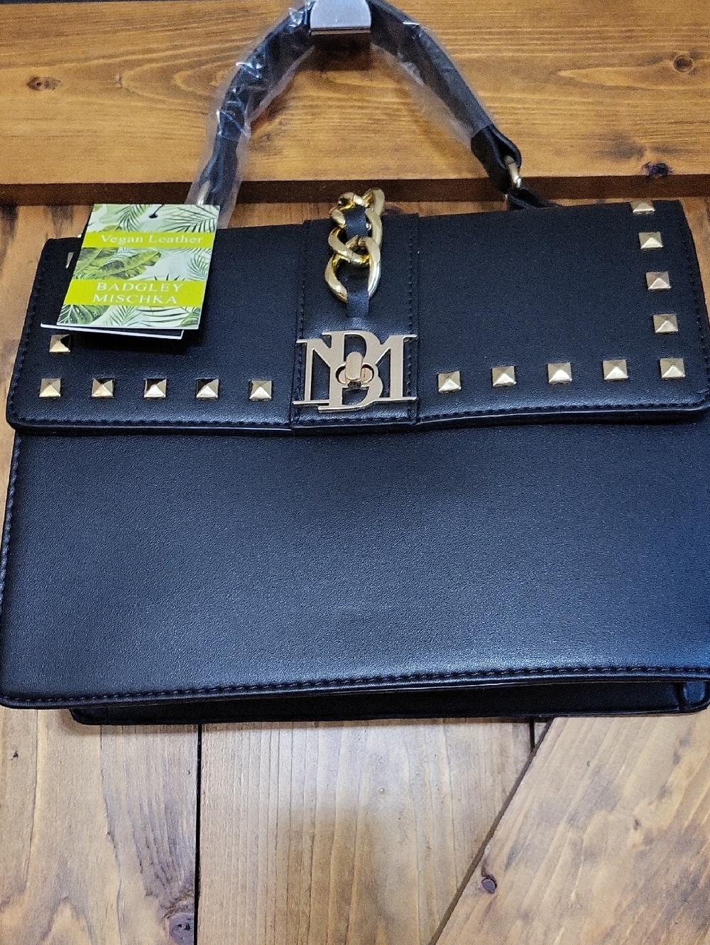 Badgley Mischka Black Satchel with Gold Studs and Chain Detail, And Crossbody